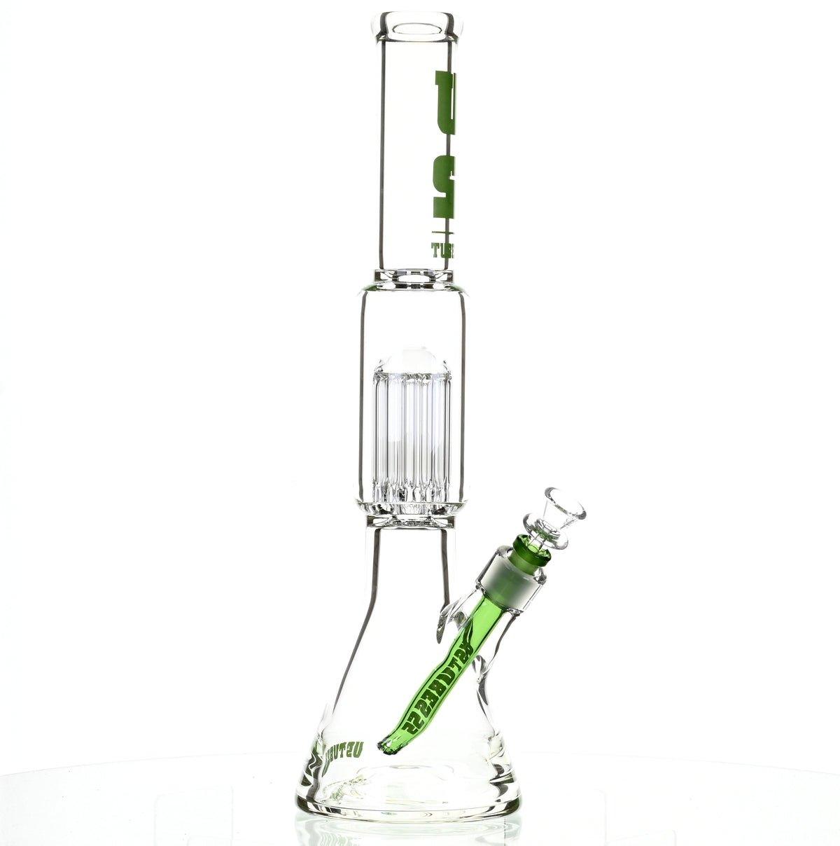 US TUBES 17" BEAKER W/TREE PERC AND GREEN ACCENTS - Smoke Spot Smoke Shop