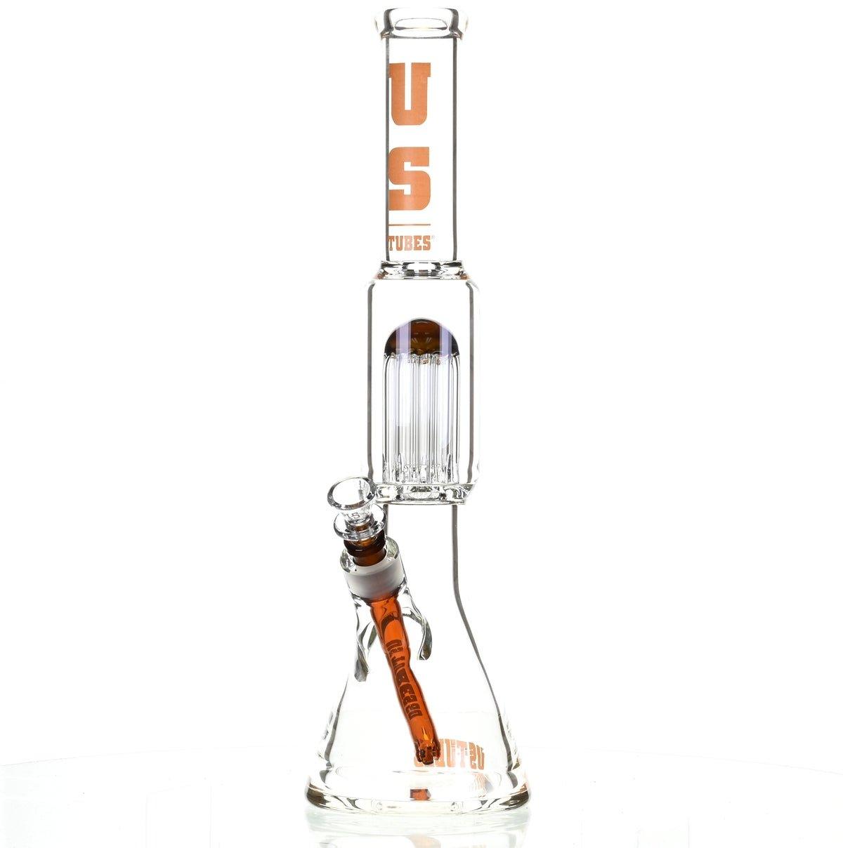 Close-up of Tree Perc on US TUBES 17 inch Beaker Waterpipe with Orange Accents