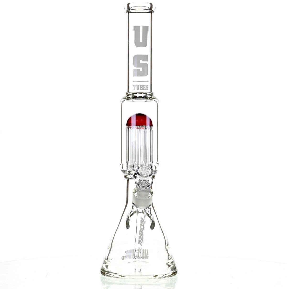 US TUBES 17" BEAKER W/TREE PERC AND WHITE/RED ACCENTS - Smoke Spot Smoke Shop