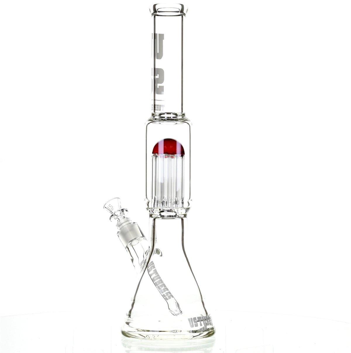 US TUBES 17" BEAKER W/TREE PERC AND WHITE/RED ACCENTS - Smoke Spot Smoke Shop