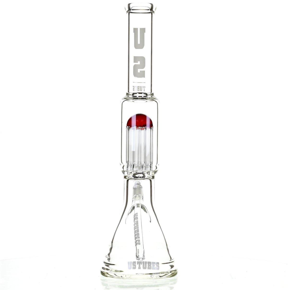 US TUBES 17" BEAKER W/TREE PERC AND WHITE/RED ACCENTS - Smoke Spot Smoke Shop