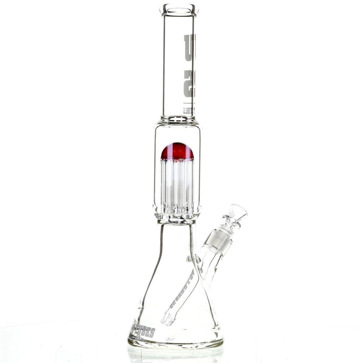 US TUBES 17" BEAKER W/TREE PERC AND WHITE/RED ACCENTS - Smoke Spot Smoke Shop