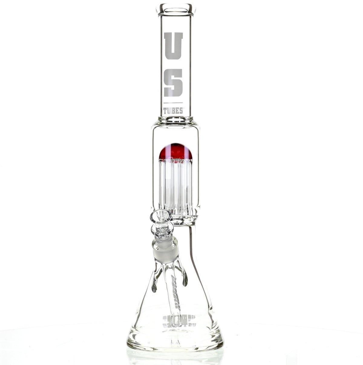 US TUBES 17" BEAKER W/TREE PERC AND WHITE/RED ACCENTS - Smoke Spot Smoke Shop
