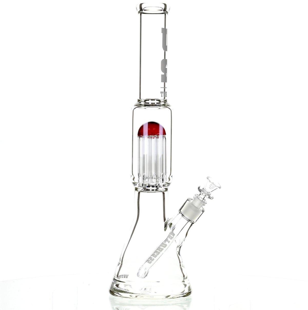 US TUBES 17" BEAKER W/TREE PERC AND WHITE/RED ACCENTS - Smoke Spot Smoke Shop
