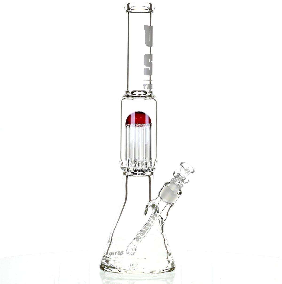 US TUBES 17" BEAKER W/TREE PERC AND WHITE/RED ACCENTS - Smoke Spot Smoke Shop