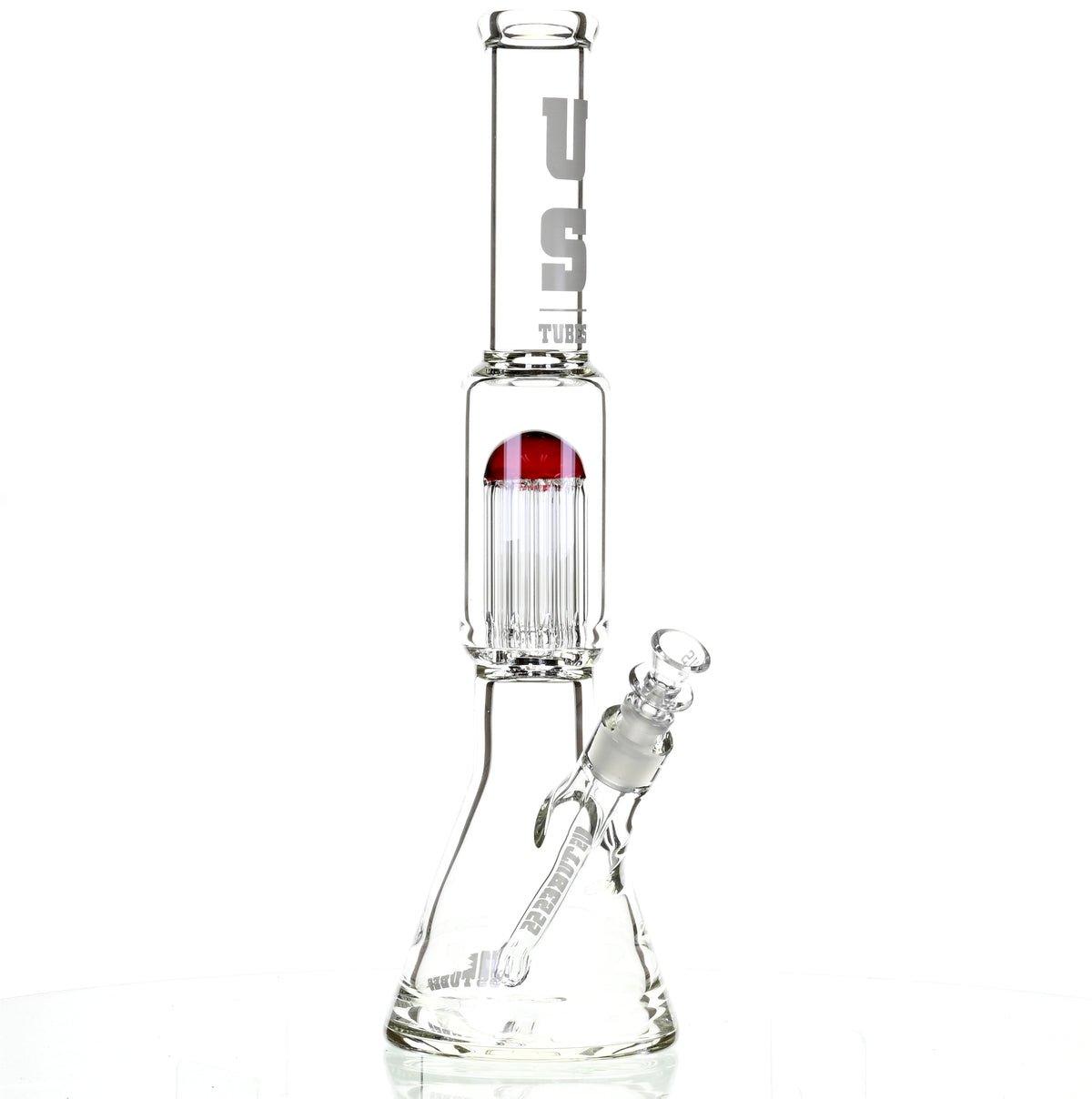 US TUBES 17" BEAKER W/TREE PERC AND WHITE/RED ACCENTS - Smoke Spot Smoke Shop