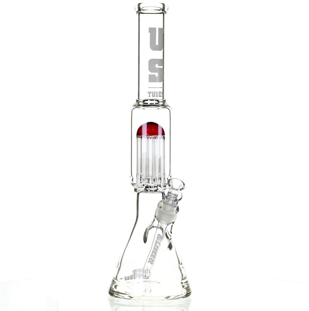 US TUBES 17" BEAKER W/TREE PERC AND WHITE/RED ACCENTS - Smoke Spot Smoke Shop