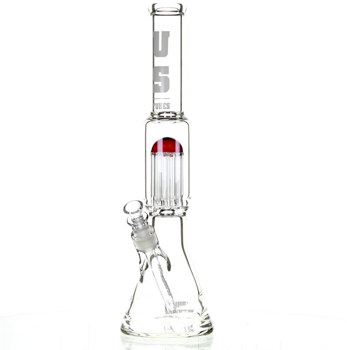 US TUBES 17" BEAKER W/TREE PERC AND WHITE/RED ACCENTS - Smoke Spot Smoke Shop