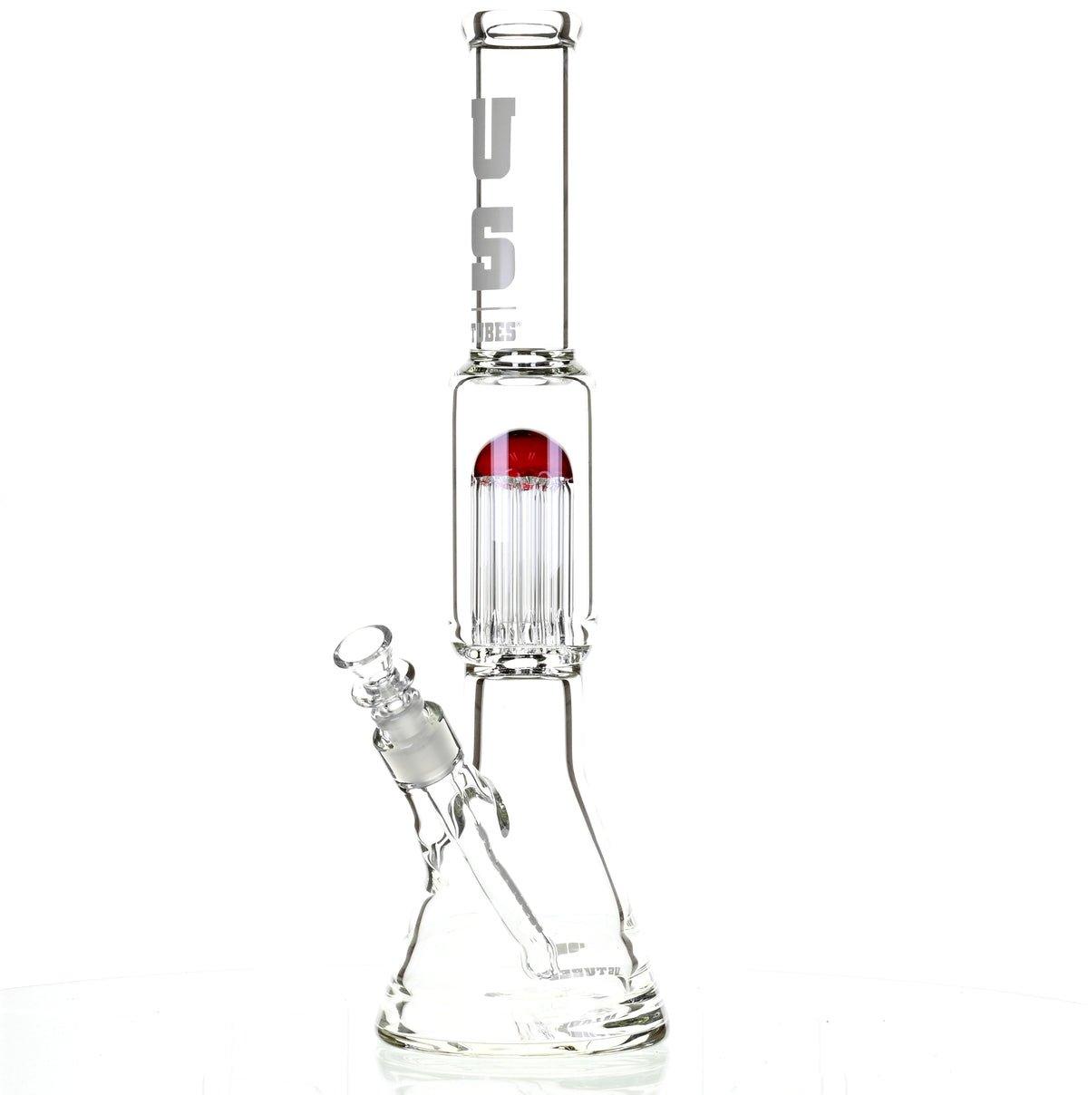 US TUBES 17" BEAKER W/TREE PERC AND WHITE/RED ACCENTS - Smoke Spot Smoke Shop