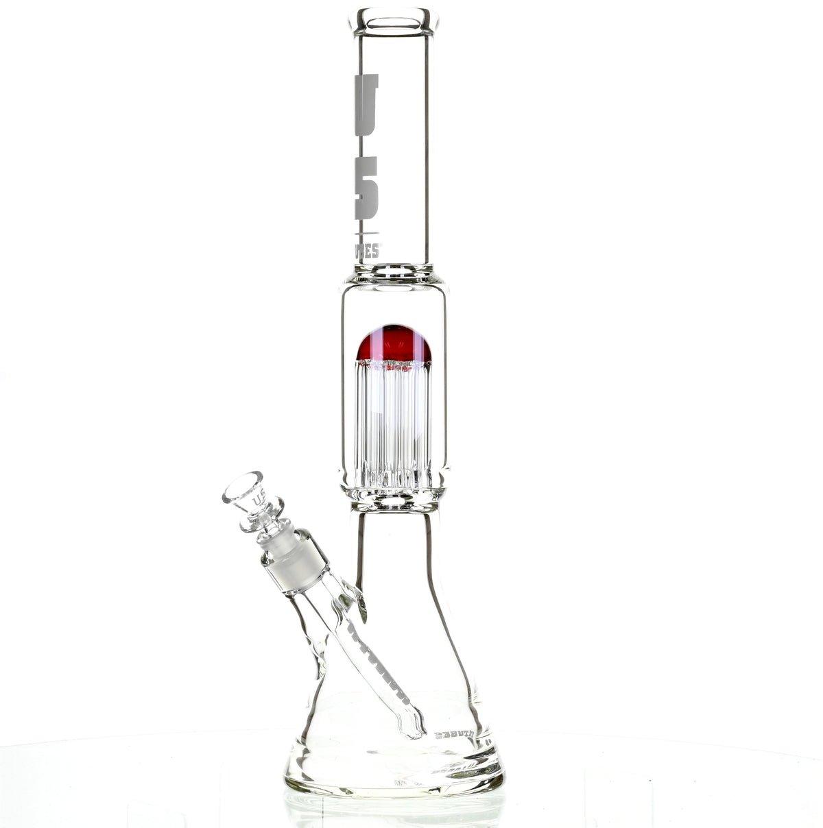 US TUBES 17" BEAKER W/TREE PERC AND WHITE/RED ACCENTS - Smoke Spot Smoke Shop