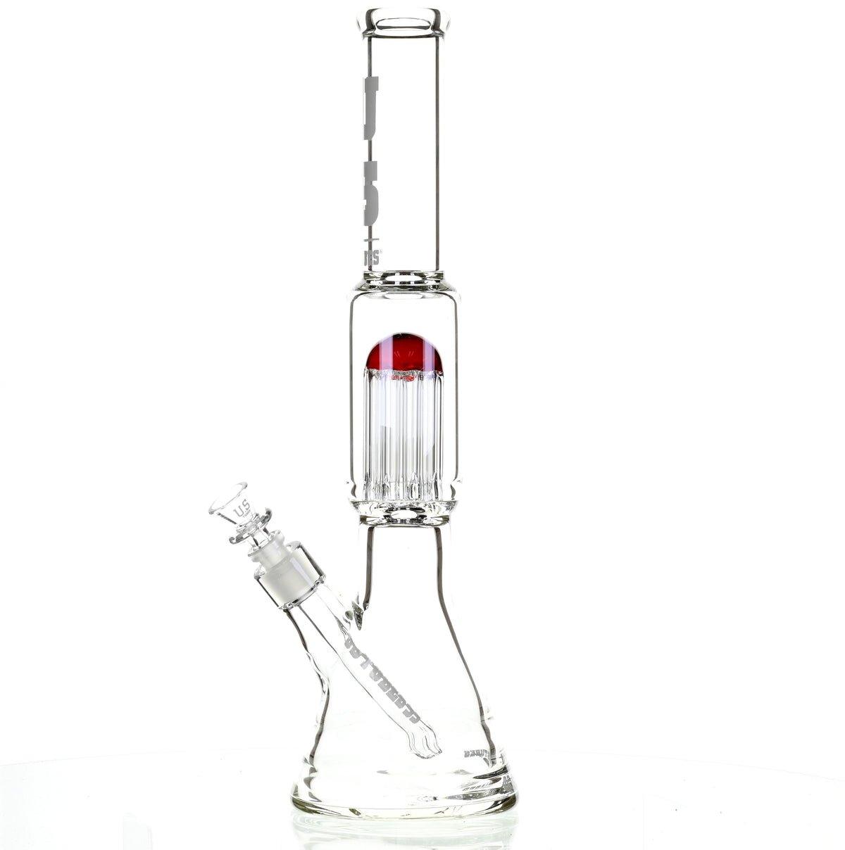 US TUBES 17" BEAKER W/TREE PERC AND WHITE/RED ACCENTS - Smoke Spot Smoke Shop