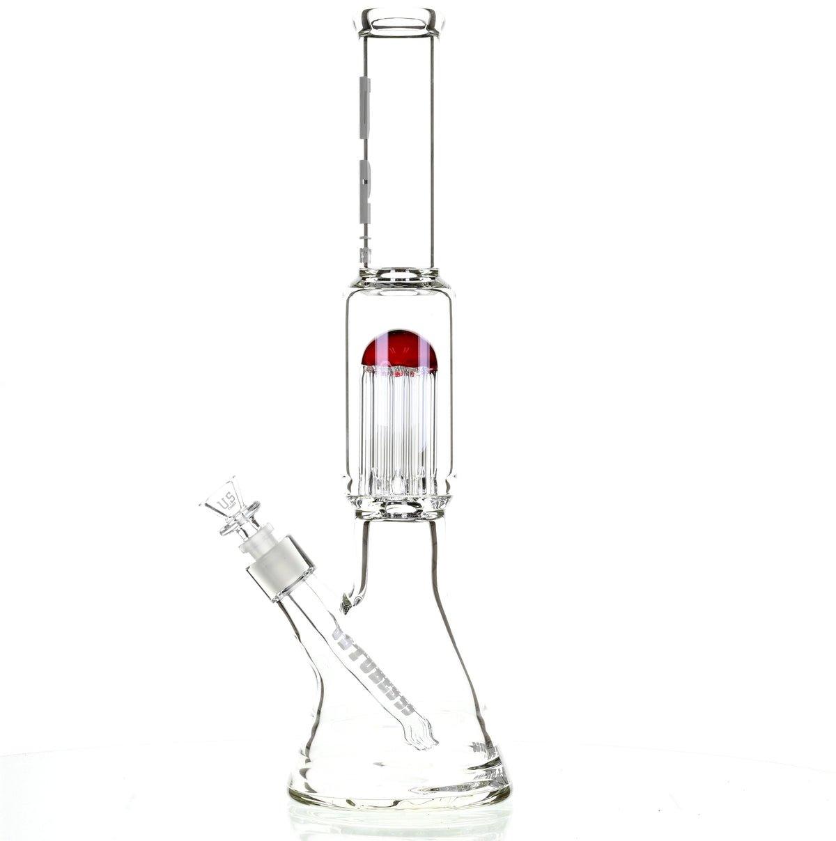 US TUBES 17" BEAKER W/TREE PERC AND WHITE/RED ACCENTS - Smoke Spot Smoke Shop