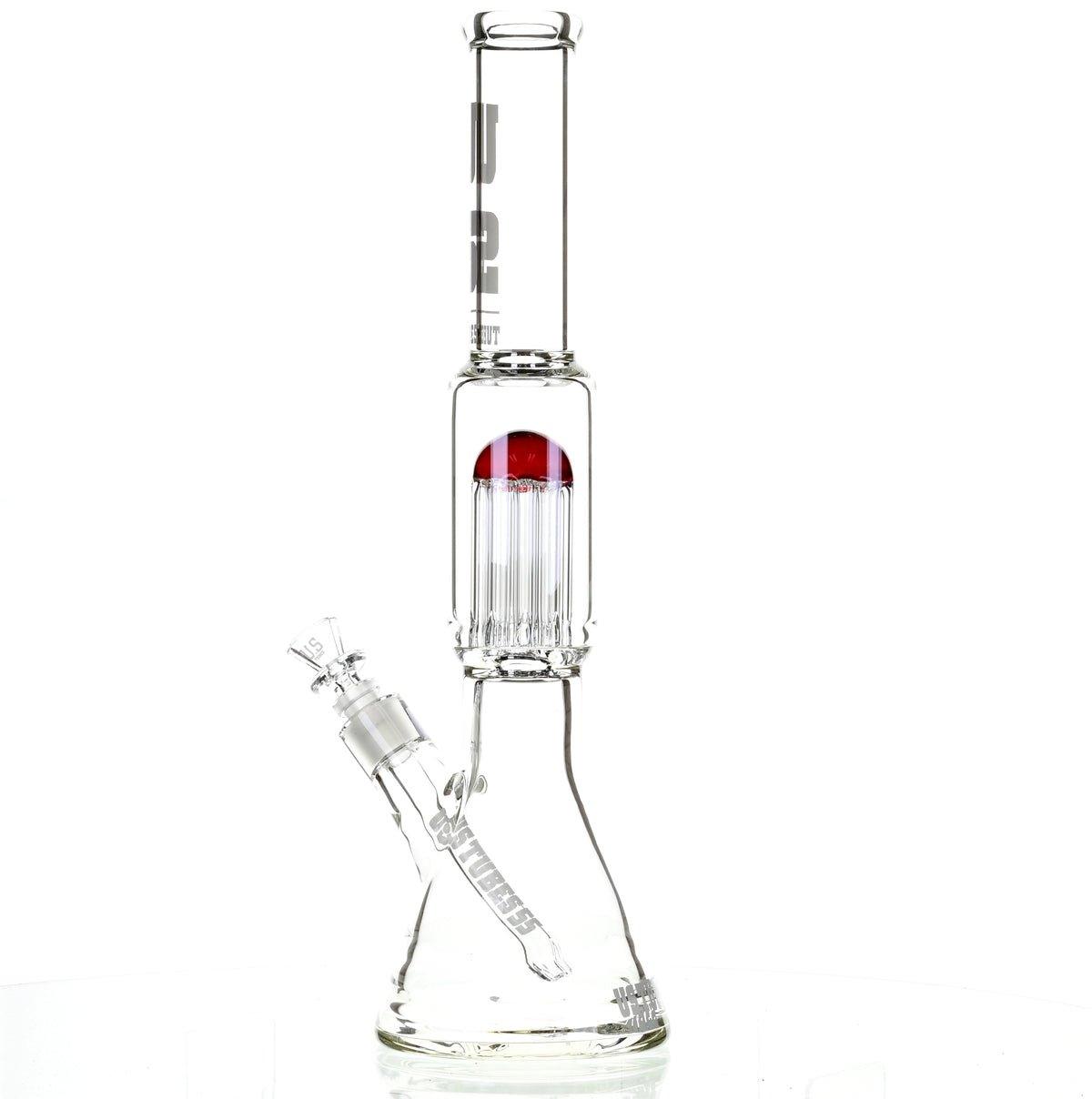 US TUBES 17" BEAKER W/TREE PERC AND WHITE/RED ACCENTS - Smoke Spot Smoke Shop