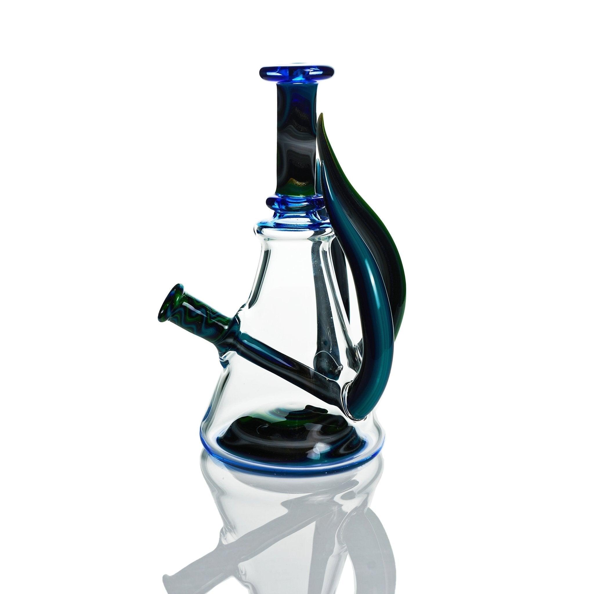 Close-up of wigwags and horns on Vigil Glass Rig with blue dream accents