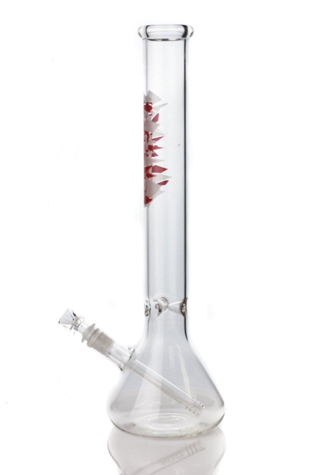 Side view of ZOB Beaker 18 inch 14mm Red and White Logo glass waterpipe