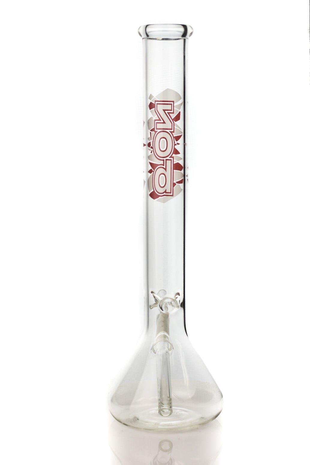 Close-up of ZOB Beaker 18 inch 14mm Red and White Logo dry herb slide