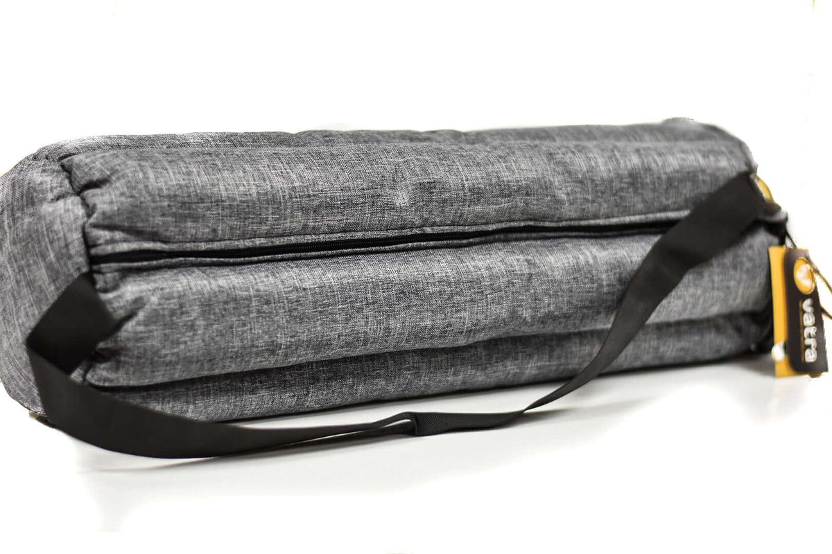 Close up of 18 inch tube bag Vatra woven gray and black plaid design