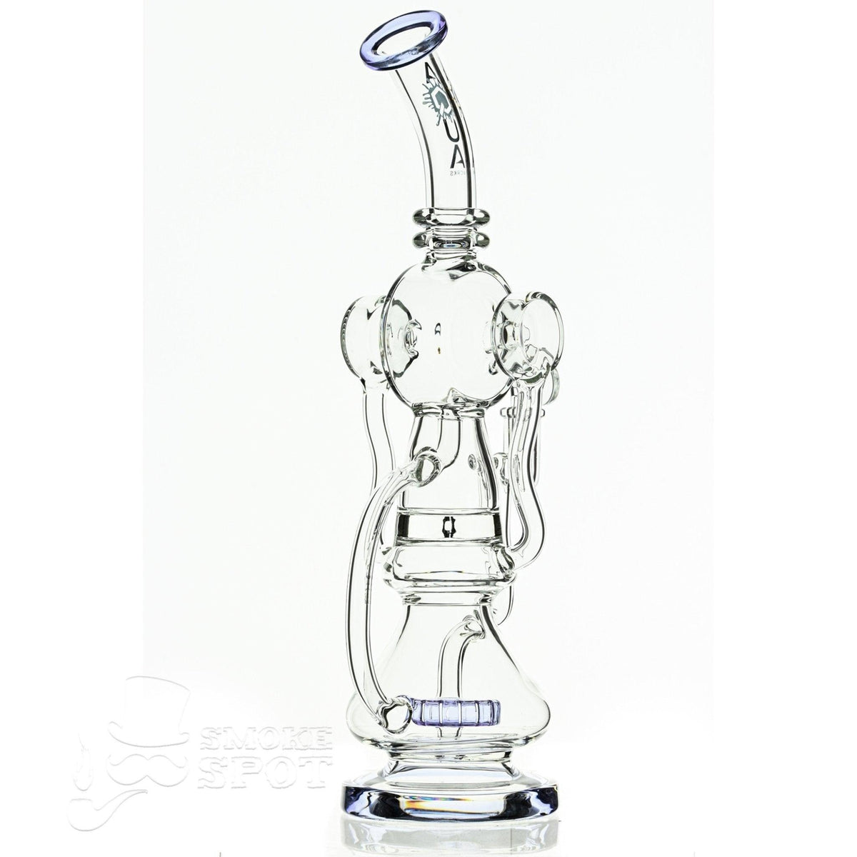 Side view of Aqua Glass cylinder top dual arm recycler light purple waterpipe