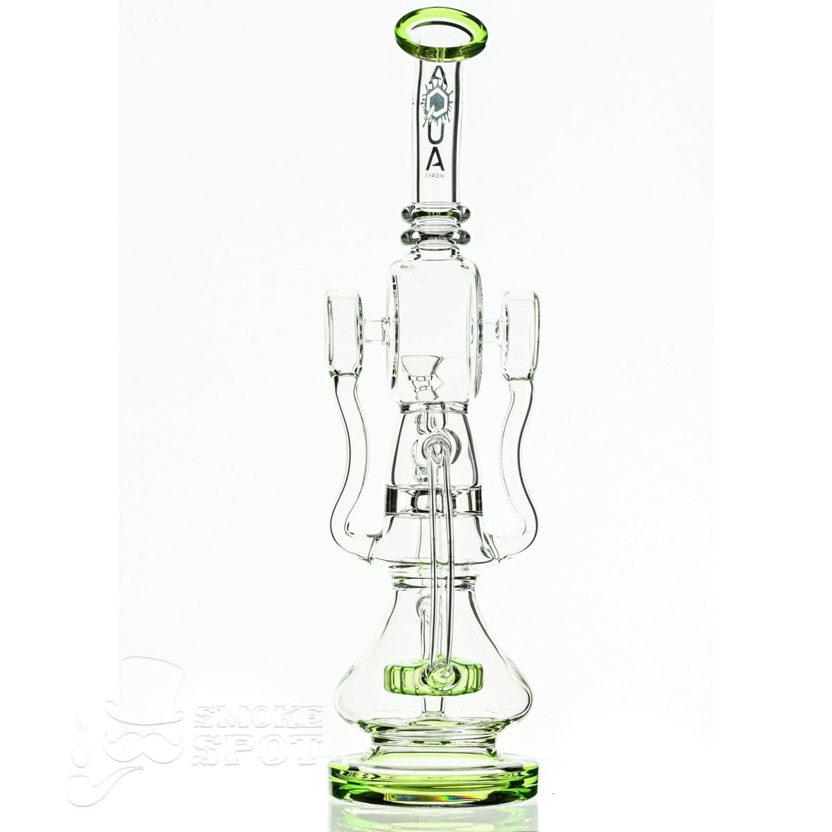 Close-up of Aqua Glass cylinder top dual arm recycler slime green percolator