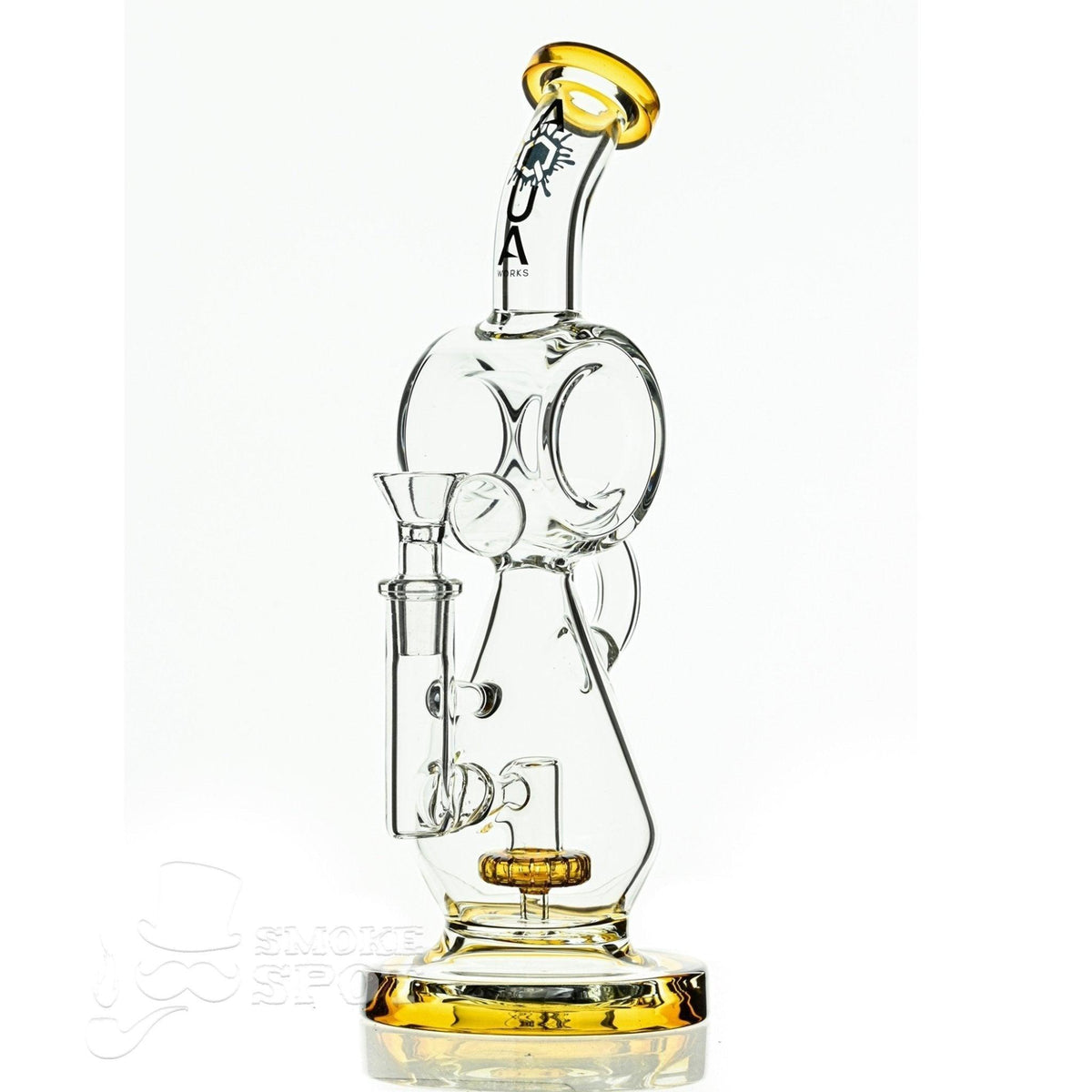 Side view of Aqua Glass hour glass waterpipe with disc perc amber