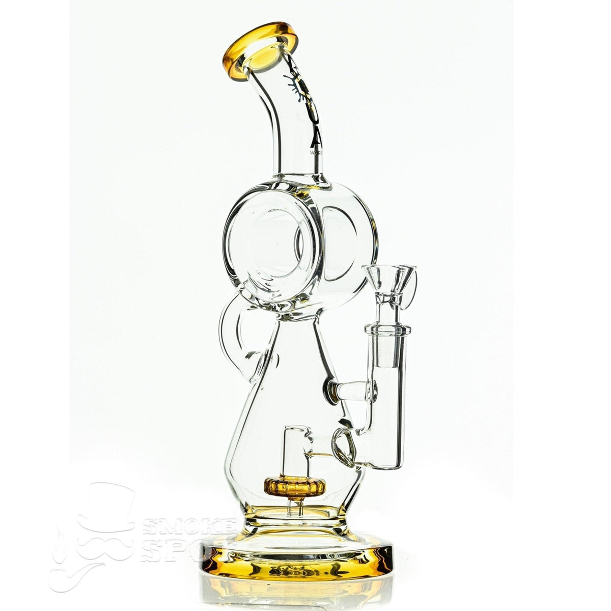 Top view of Aqua Glass hour glass waterpipe with disc perc amber