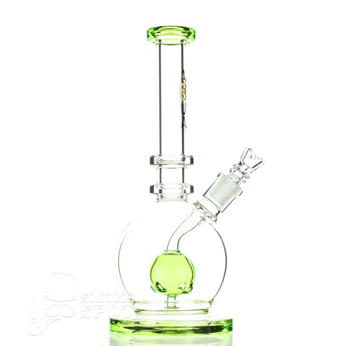 Side angle of Aqua Glass ORB waterpipe showing crown diffuser and fixed orb percolator in slime green