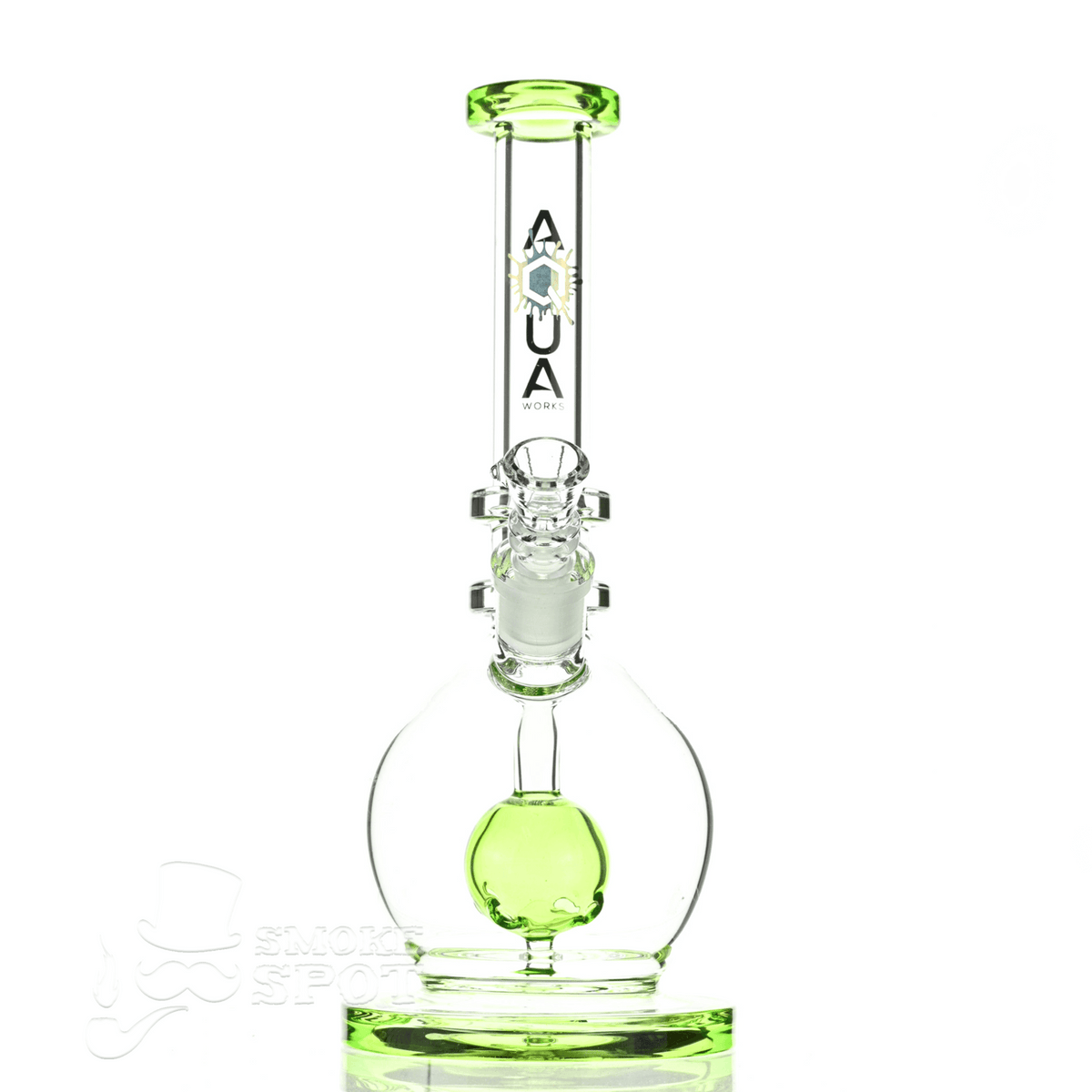 Full profile of Aqua Glass ORB waterpipe with crown diffused fixed orb percolator slime green