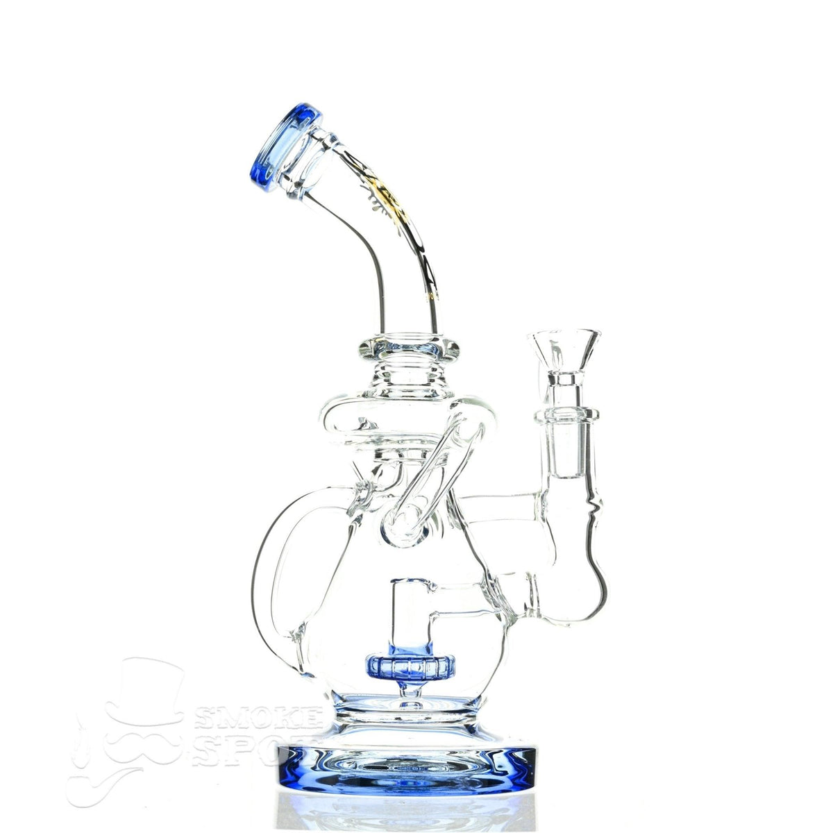Side view of Aqua Glass shower puck perc water drop recycler blue - scientific glass waterpipe