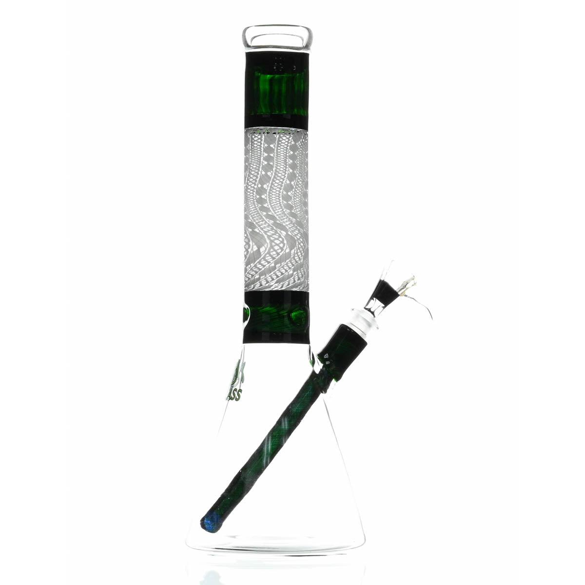 Close-up of AUGY GLASS 15 Inch Beaker Worked Waterpipe showing 14mm joint and downstem