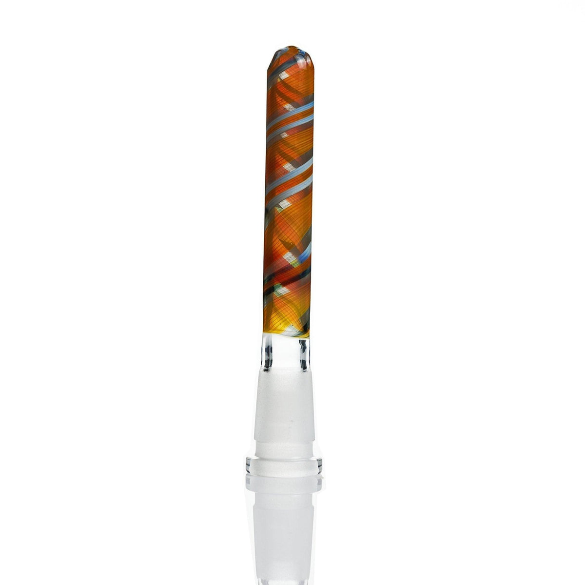 Side view of Augy Glass 14mm Downstem 5 Inch with Orange White and Black Swirls