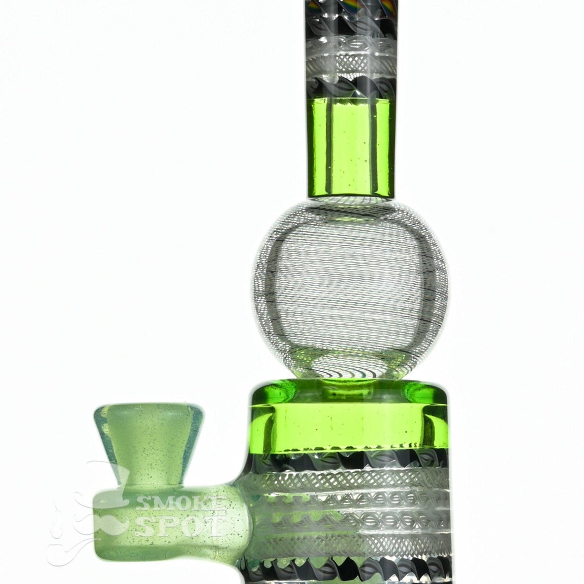 Side view of C-Lanni Full Pattern Color Windows Green Rig with intricate cane work