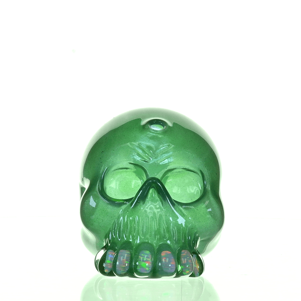 CARSTEN GLASS GREEN SATIN SKULL RIG W/OPAL TEETH