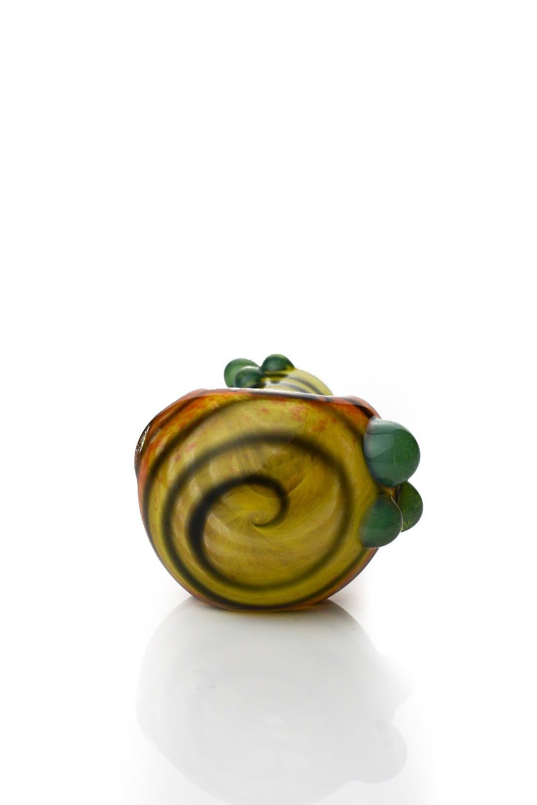Deviant Glass Handpipe with vibrant orange and yellow on black turquoise design