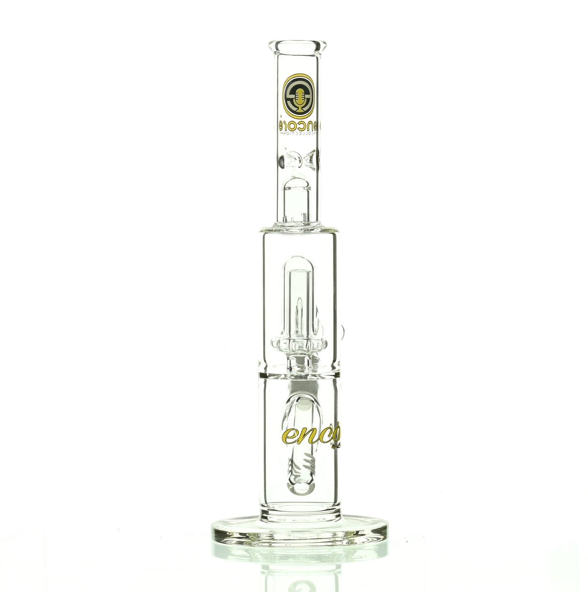 Encore yellow straight tube waterpipe with showerhead percolator detailed view