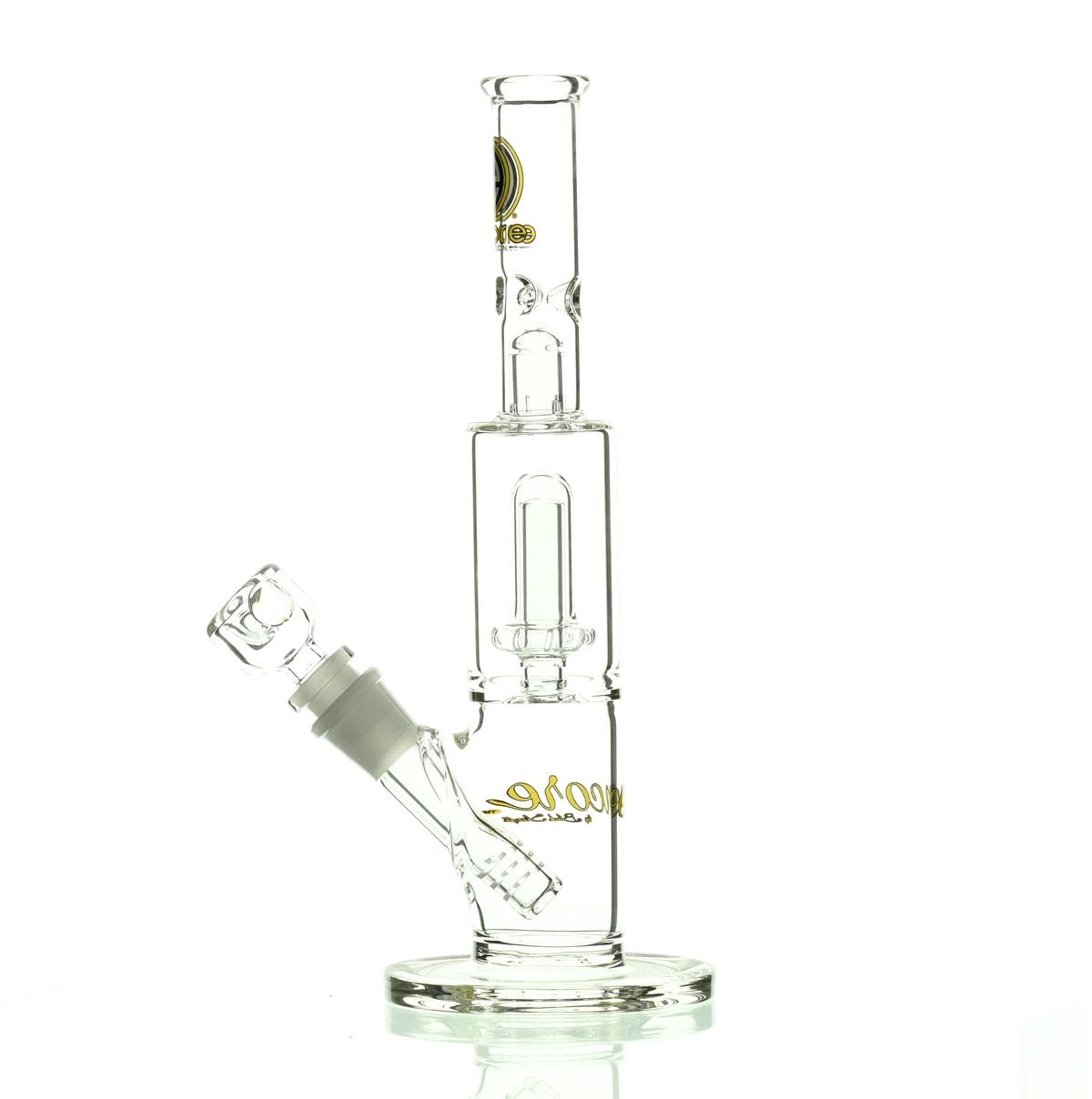 Close-up of yellow showerhead percolator on Encore 10 inch straight tube waterpipe