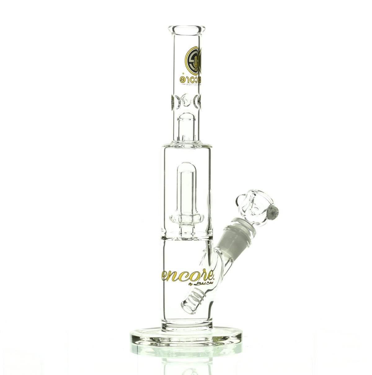Encore 10 inch straight tube waterpipe with yellow showerhead perc - angled shot