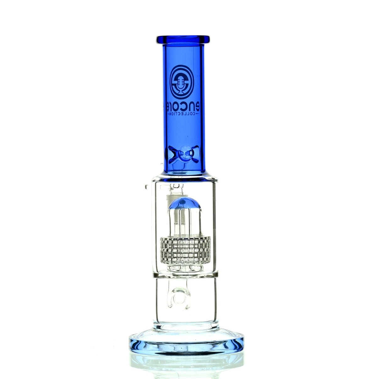 Top view of ENCORE 12 inch Metrix Showerhead Perc Blue bong