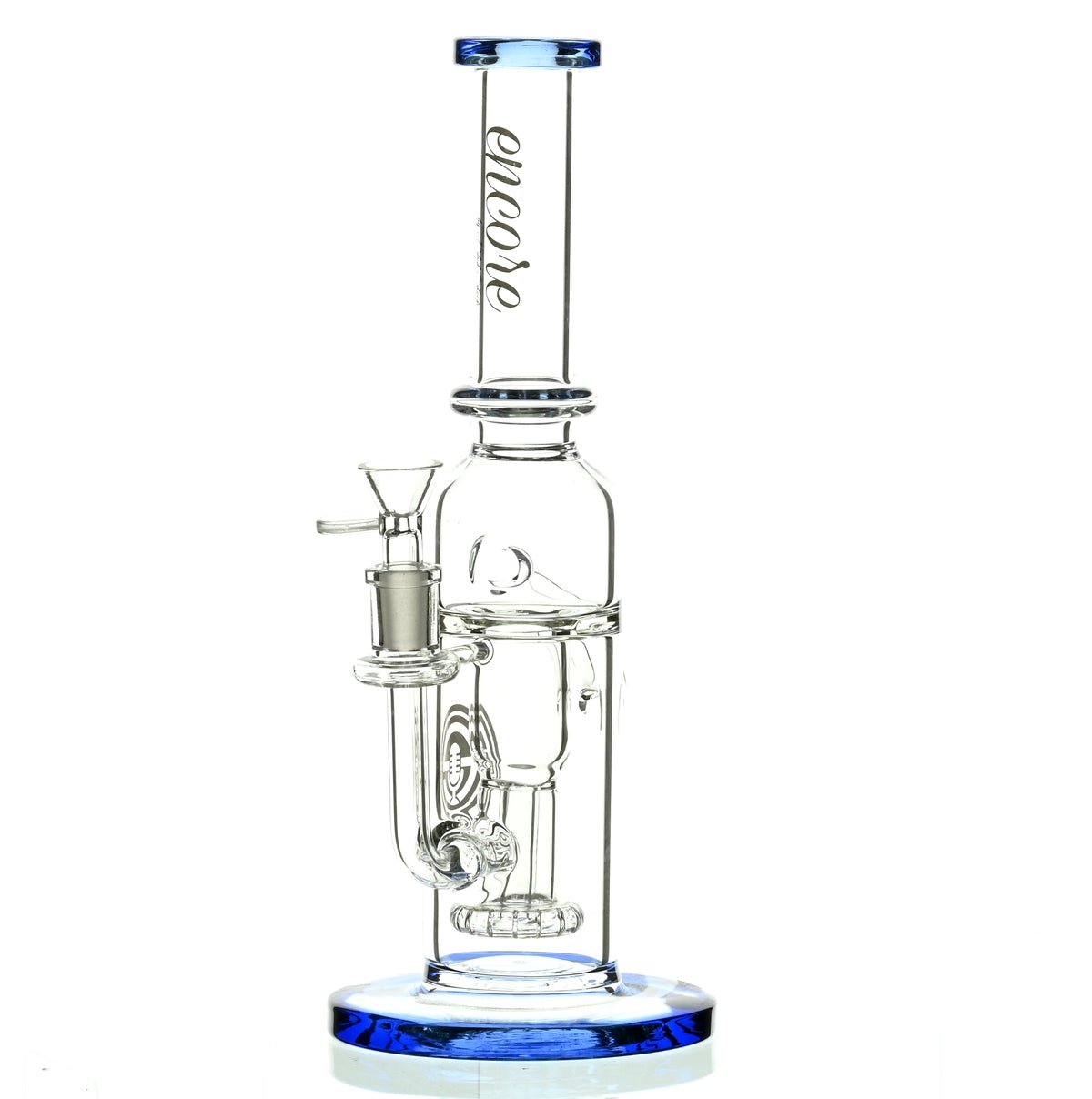 Side view of Encore 12 inch Recycler with Showerhead Perc Blue showing showerhead percolator