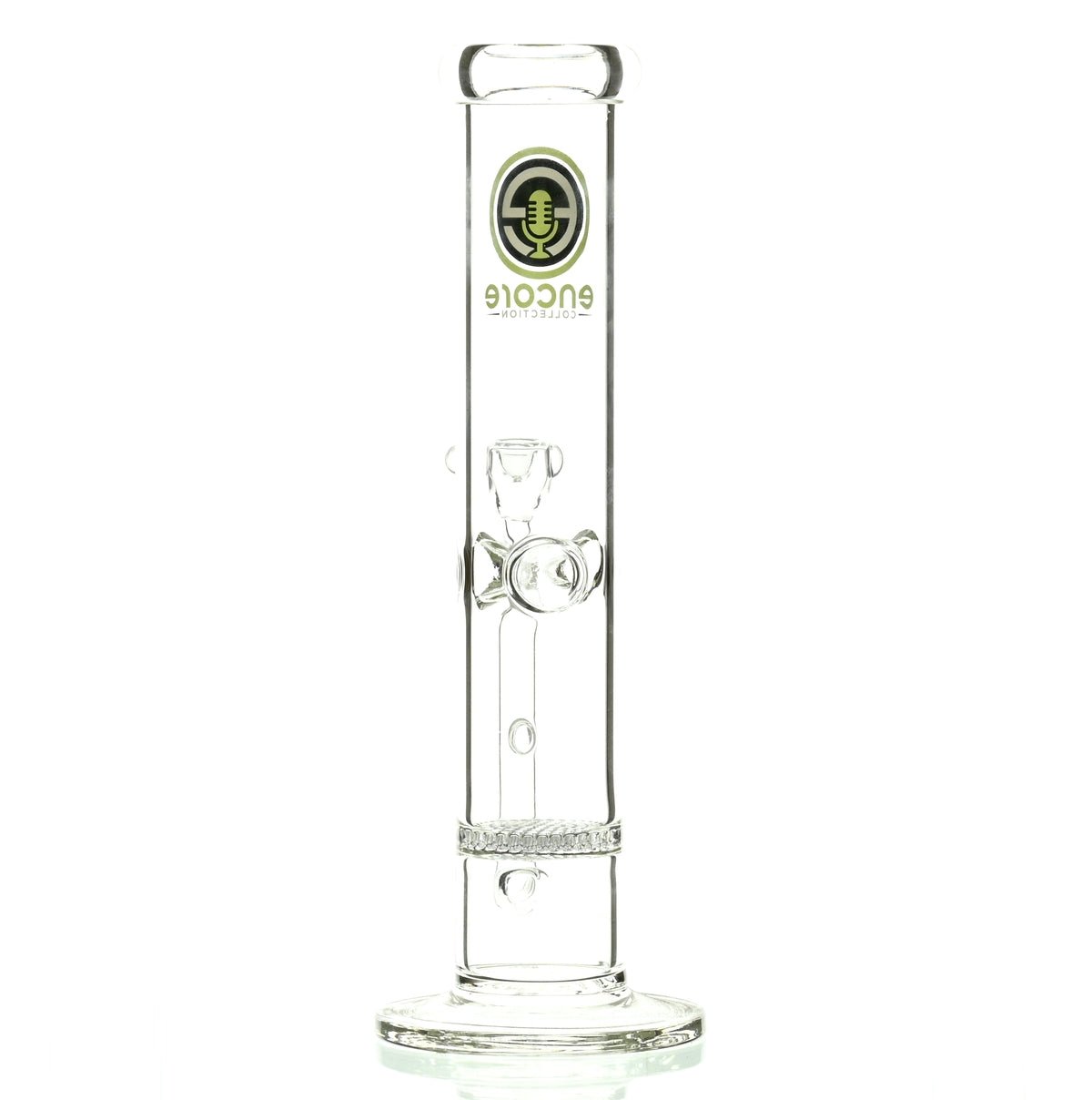 ENCORE 12 inch straight tube waterpipe showing 14mm joint and honeycomb perc