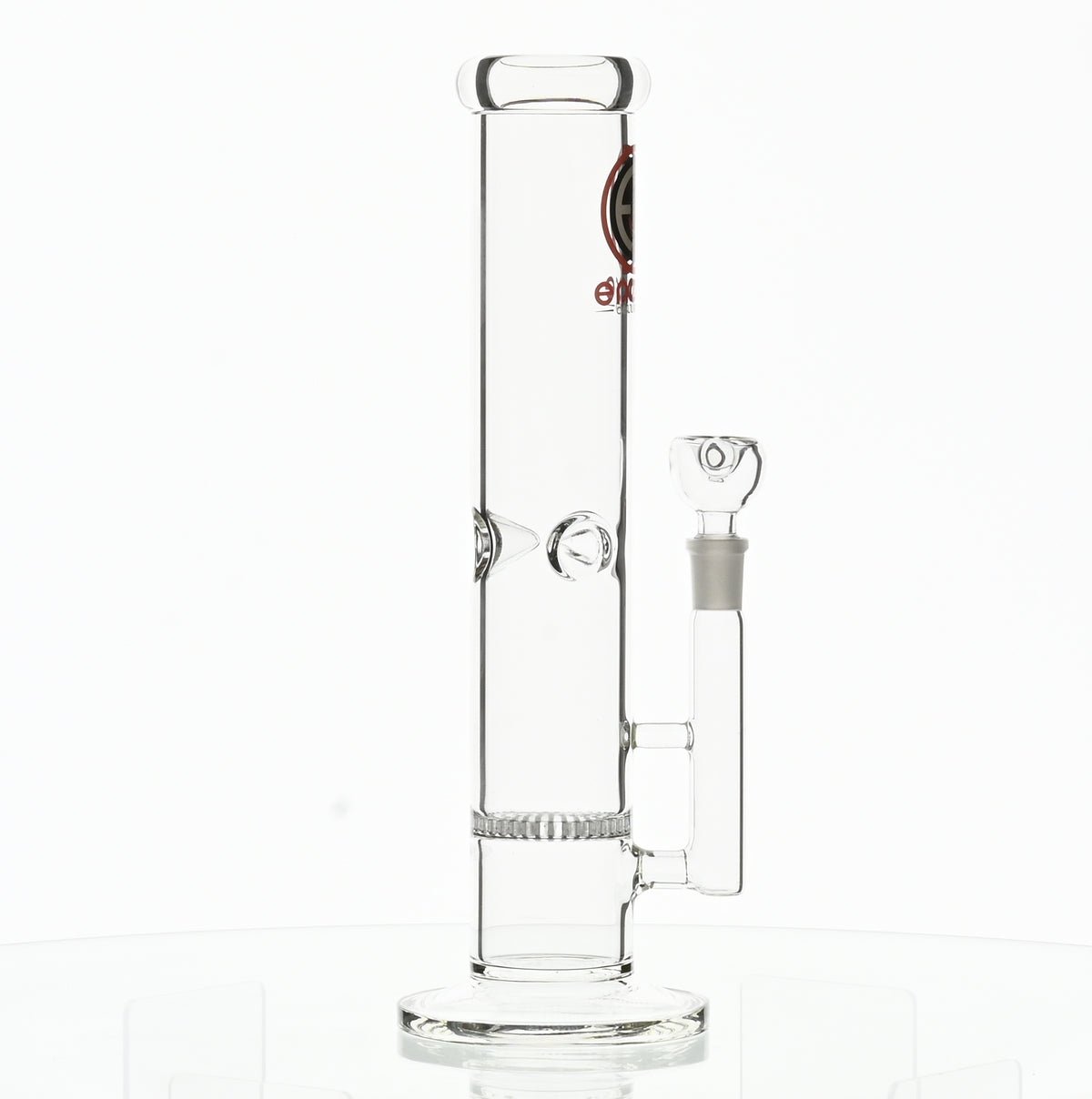 Encore 12 inch straight tube waterpipe with honeycomb perc and red logo close-up