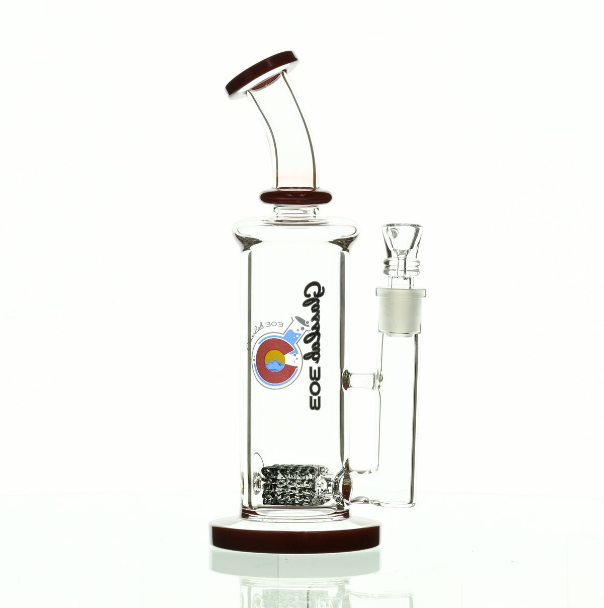 Close-up of red accents on GLASSLAB 303 Inline Matrix Waterpipe