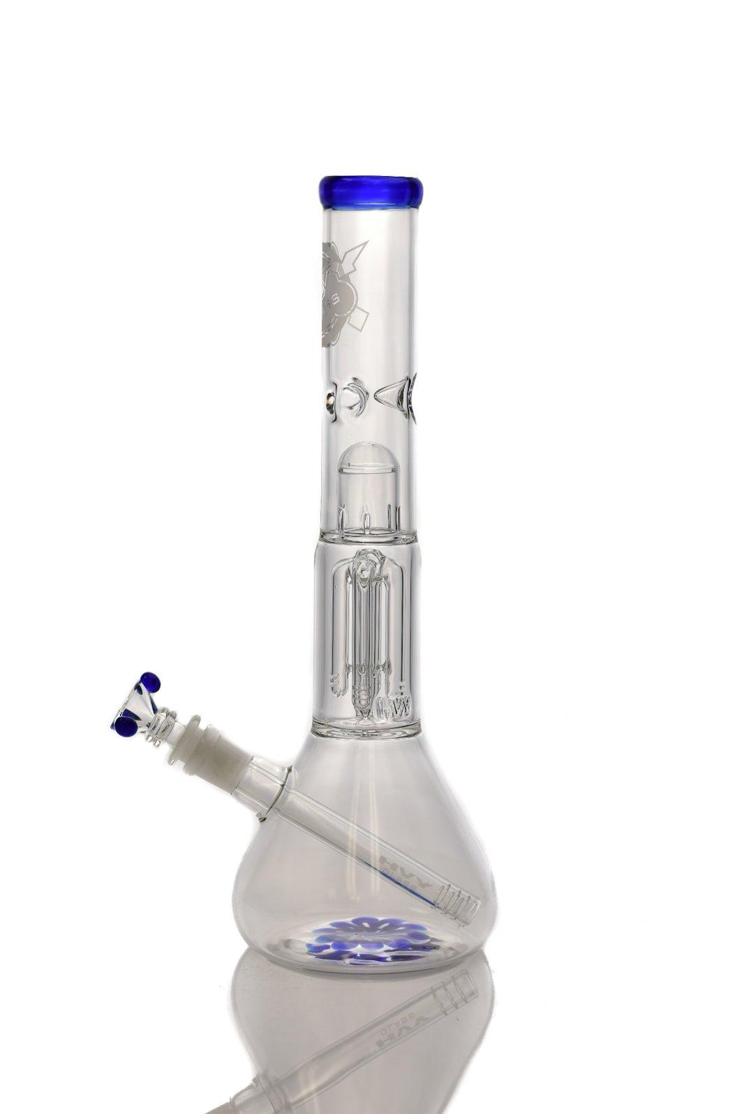 Side view of HVY Clear Beaker With Tree Perc Blue glass waterpipe