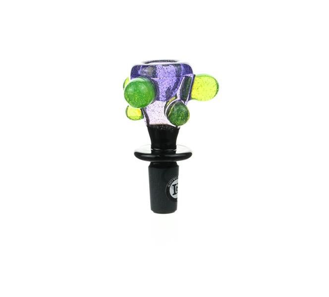 Side view of Joe Madigan Colored Bowl Lollipop Purple Slime Green Dots Glass Bowl