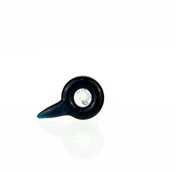 Side view of Joe Madigan Mini Bowl with Mini Hook Blue Dichro glass bowl