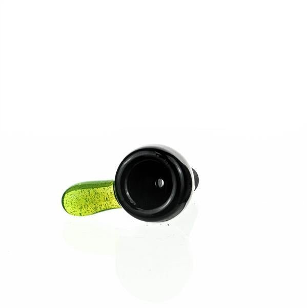 Side view of Joe Madigan 14mm round black glass bowl with milky green handle - Smoke Spot