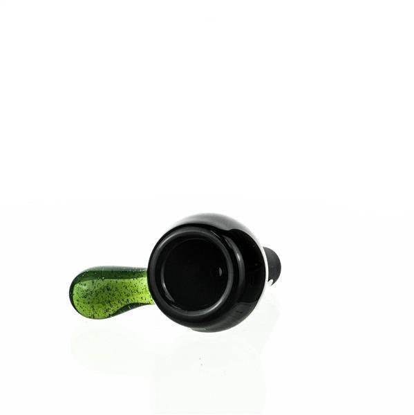 Side view of Joe Madigan round black glass bowl with turquoise handle - Smoke Spot Smoke Shop