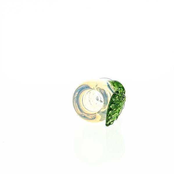 Close-up of Joe Madigan Secrete White Bowl Green Leaf 14mm Dry Herb Slide - Smoke Spot Glass