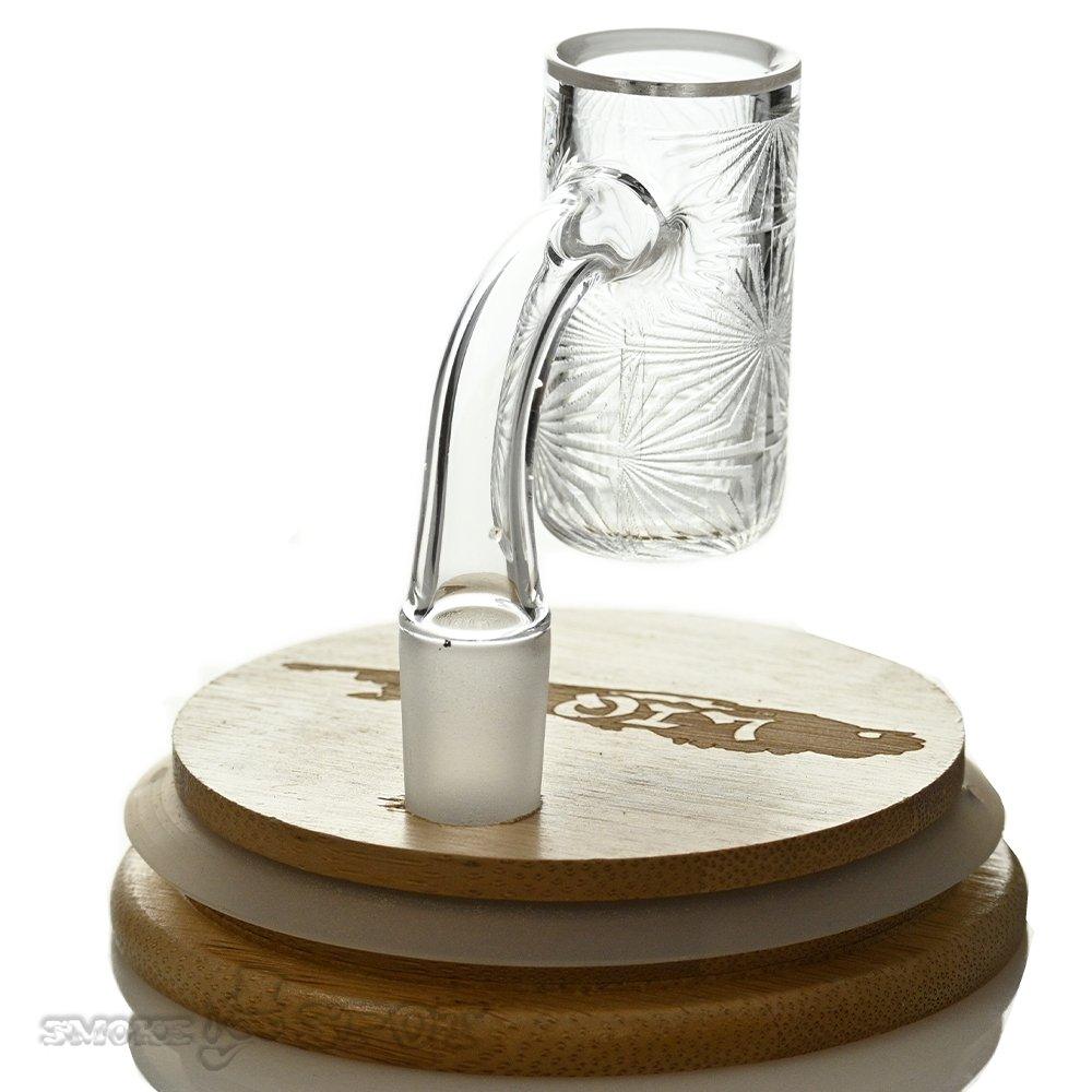 Side view of Long Island 14mm 90 Degree Burst Etched Quartz Banger