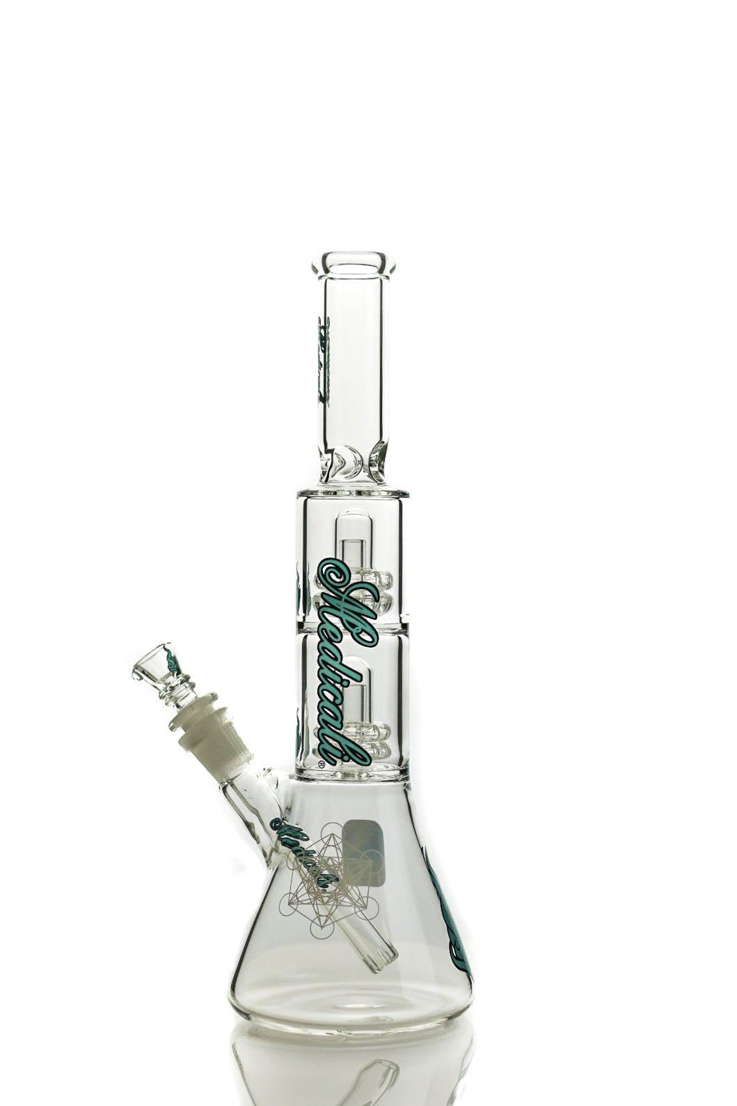 Side view of Medicali 13 inch Double Showerhead Beaker Teal Blue Script - Smoke Spot