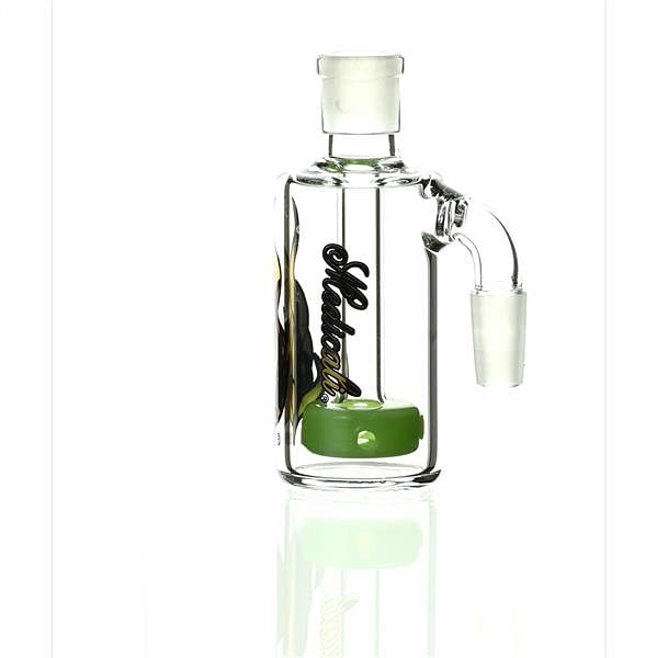 Side view of Medicali Ash Catcher Gold Black on Light Green 90 Degree 14 mm